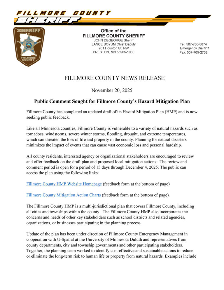 FILLMORE COUNTY NEWS RELEASE